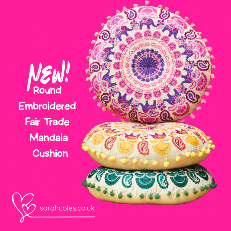 New!  Round Embroidered Fair Trade Mandala Cushion.
Image:  stack of colourful patterned circular cushions. sarahcoles.co.uk