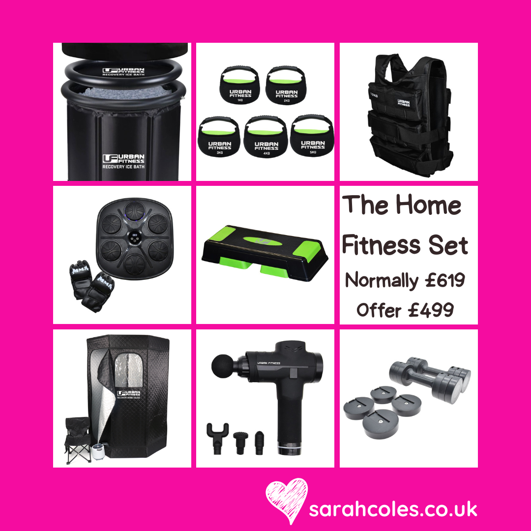 Promotional image of an Urban Fitness home fitness bundle showing a recovery ice bath, kettlebell set, weighted vest, vibration training plate, aerobic step platform, massage gun with attachments, adjustable dumbbells, and a portable sauna tent, with text reading “The Home Fitness Set – Normally £619, Offer £499.”