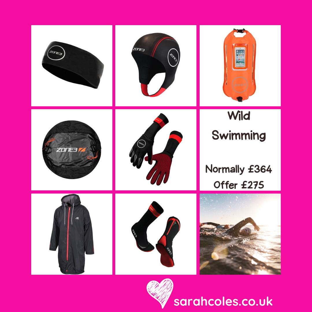 Promotional image of a Zone3 wild swimming bundle showing neoprene headband, thermal swim cap, orange safety tow float with phone window, changing mat bag, thermal gloves, waterproof changing robe, neoprene socks, and an open-water swimmer at sunrise, with text reading “Wild Swimming – Normally £364, Offer £275.”