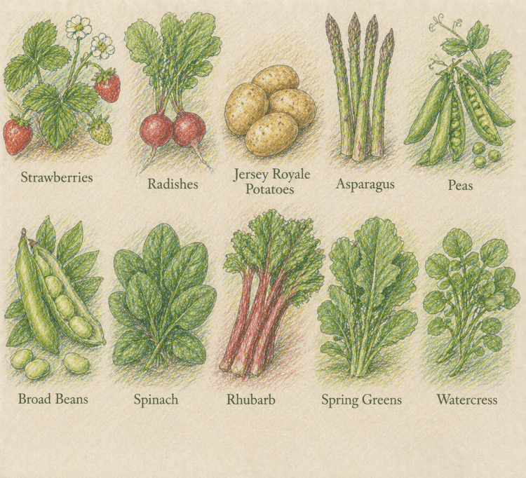sketch of strawberries, radishes, jersey royale ptatoes, asapragus, peas, broadbeans, spinach, rhubarb, spring greens, watercress