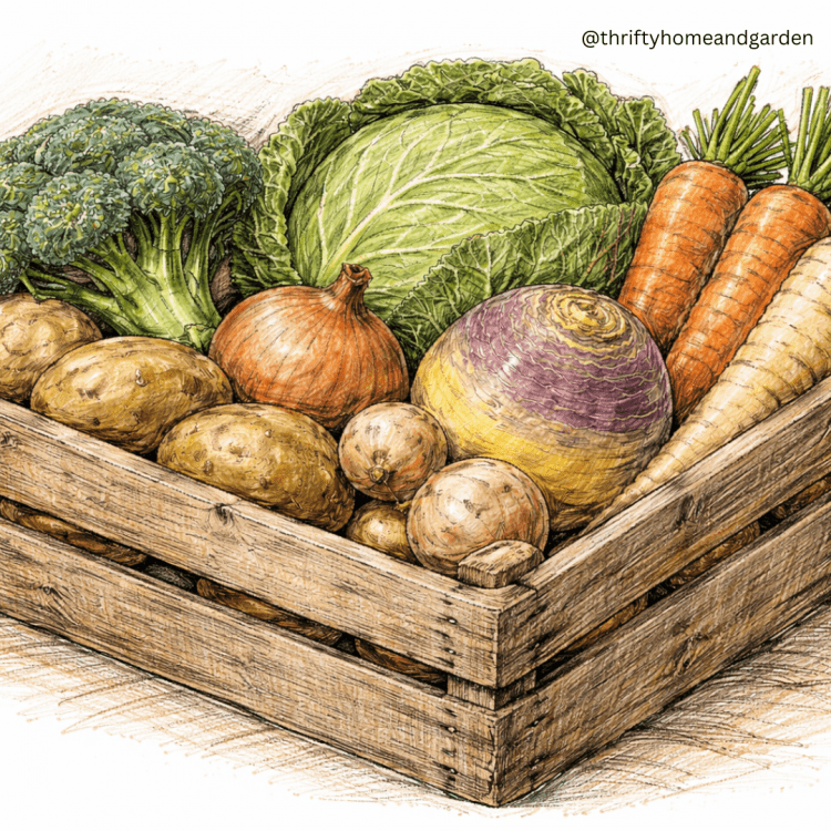 wooden crate of vegetables. cabbage, carrots, swede, onions, potatoes, broccoli and parsnips