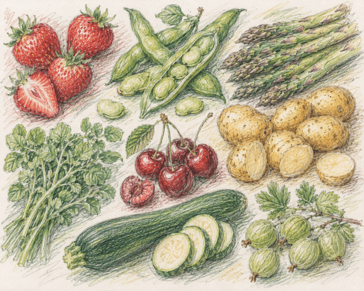 June produce Sketch. Strawberries, peas, asparagus, watercress, cherries and new potatoes. courgette and gooseberries