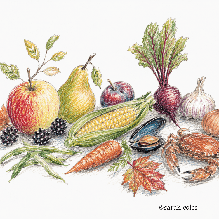 September Seasonal Produce.  Colouring Pencil Sketch.  Apple, Blackberries, Mussels, Beetroot, Garlic, Crab, Sweetcorn, Pears.  © Sarah Coles